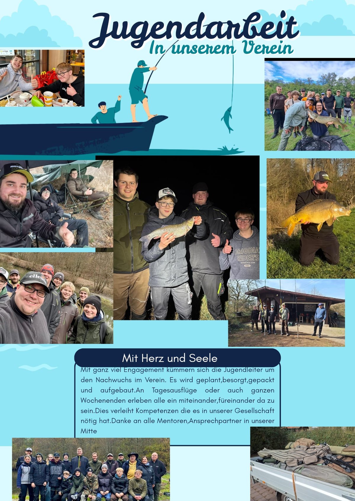 Jugendgruppe des Angelvereins beim Angeln und Outdoor-Aktivitäten